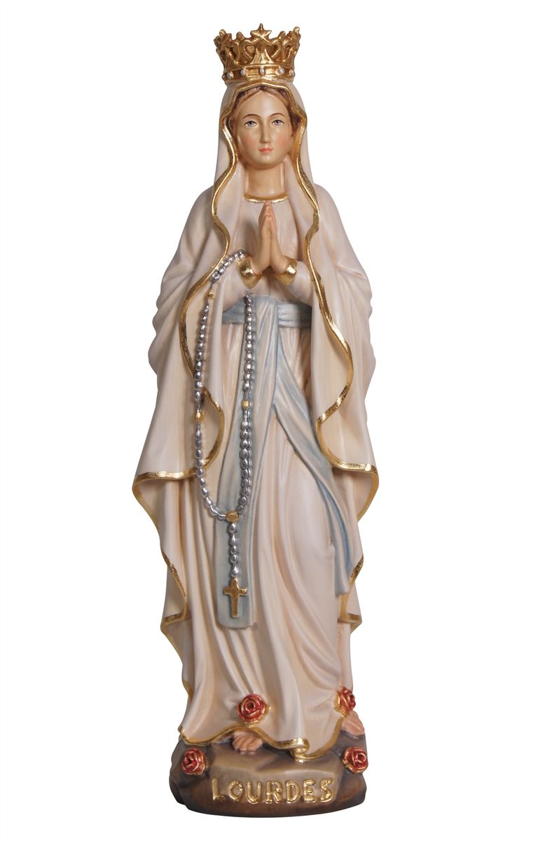Our Lady of Lourdes with Crown Alpine Maple Wood PEMA Statue Hand Painted 8 Inch.