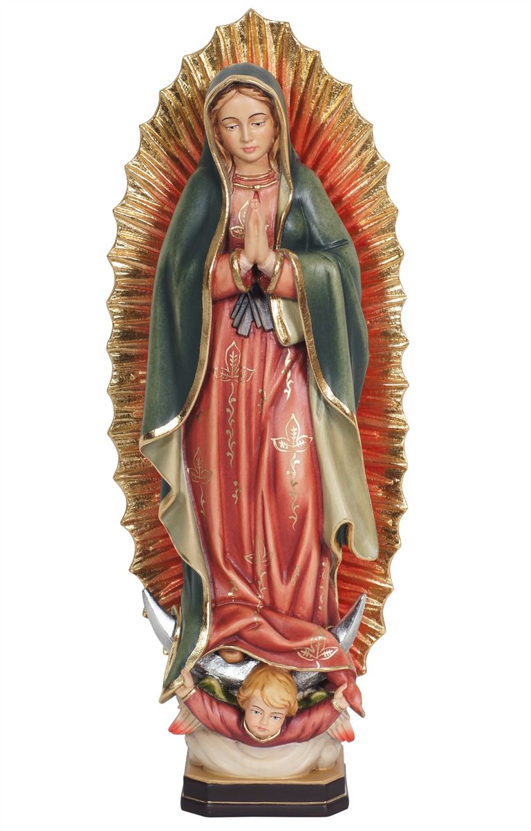Statua PEMA della Madonna di Guadalupe in legno di acero alpino dipinta a mano da 8 pollici.