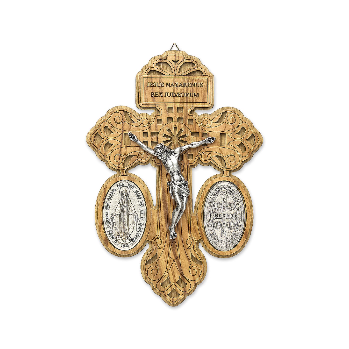 Olive wood Pardon crucifix with metal medals 11.4x7.8 inches