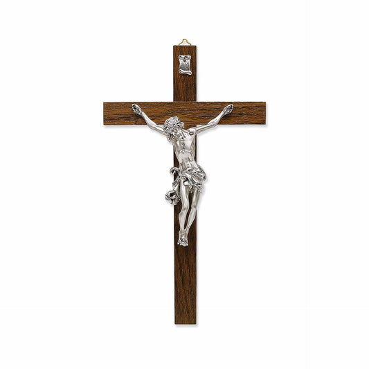 Crucifijo de madera maciza – Nuestro Señor Jesucristo en resina plateada
