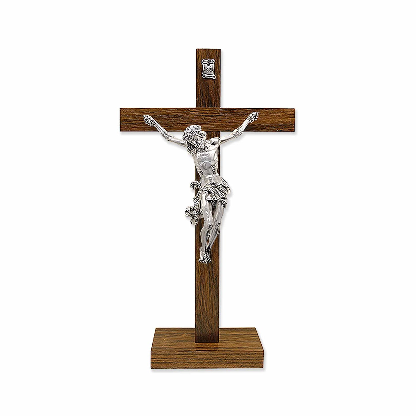 Crucifijo de madera con base – Cristo de resina en tono plateado