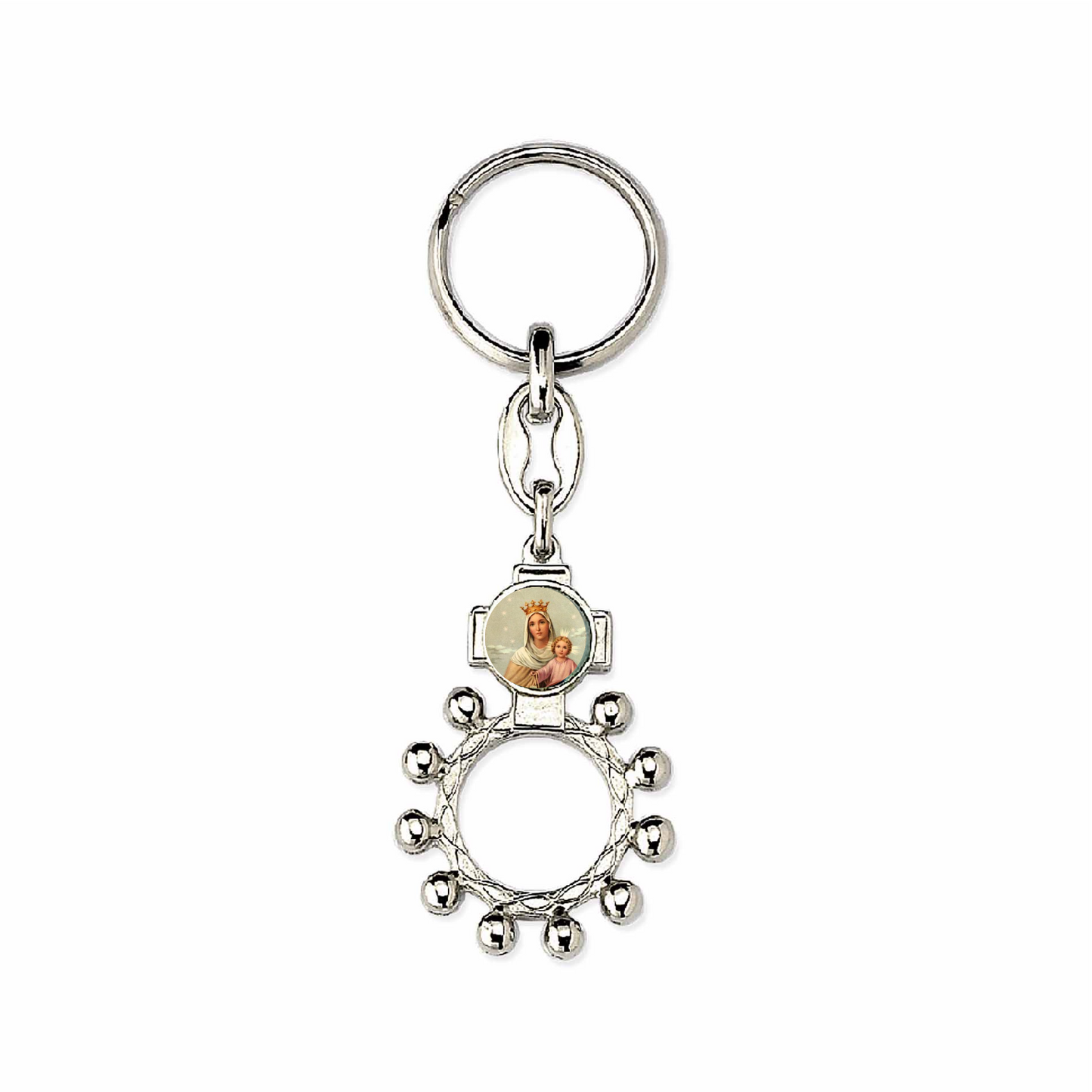 Keychain with Decade Ring and Our Lady of Mount Carmel (Our Lady of Carmen) Image in Resin