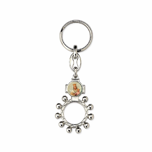 Keychain with Decade Ring and Our Lady of Mount Carmel (Our Lady of Carmen) Image in Resin