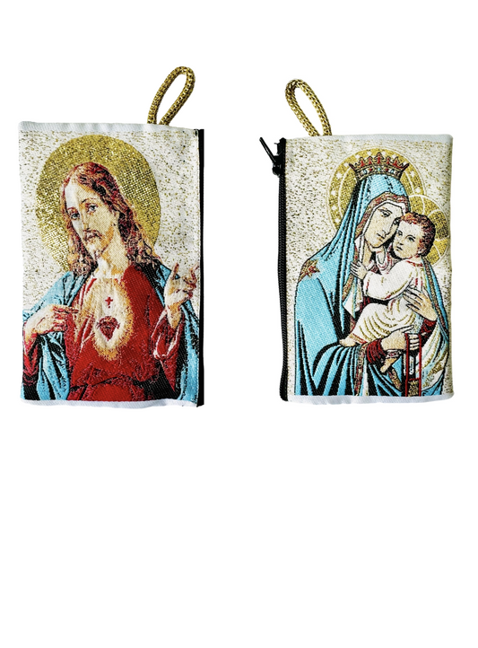 Borsa in tessuto con immagine del Sacro Cuore di Gesù e della Vergine del Carmen 4x3 pollici
