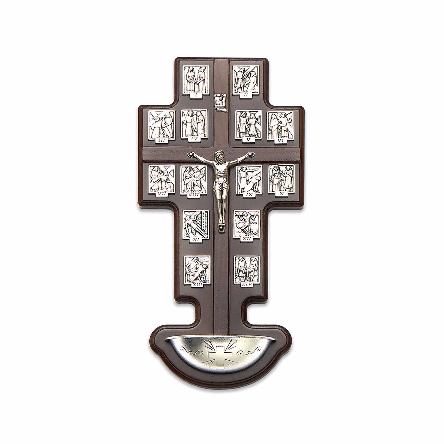 Wall-mounted holy water font with image of the Via Crucis