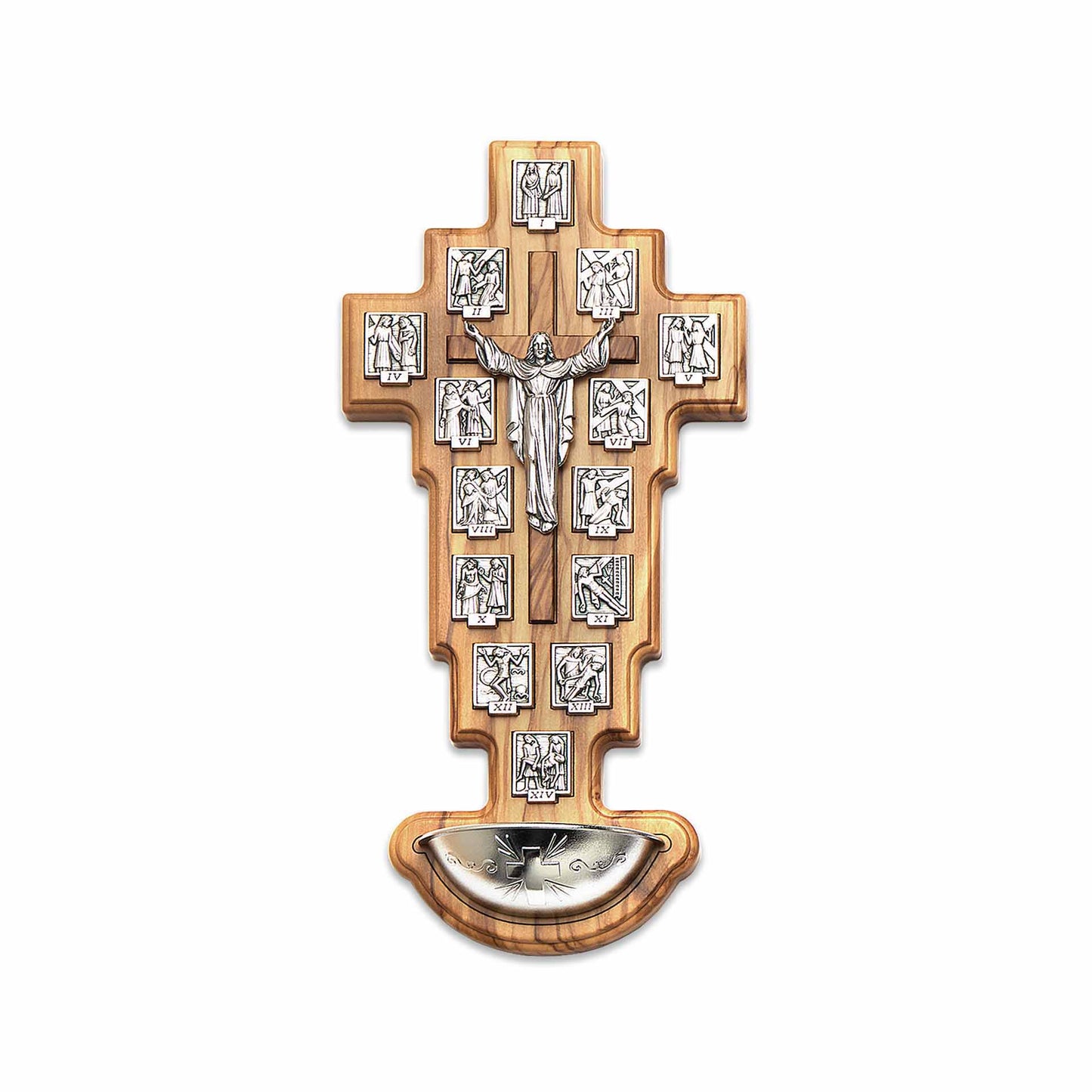 Wall-mounted holy water font made of olive wood with image of the Via Crucis