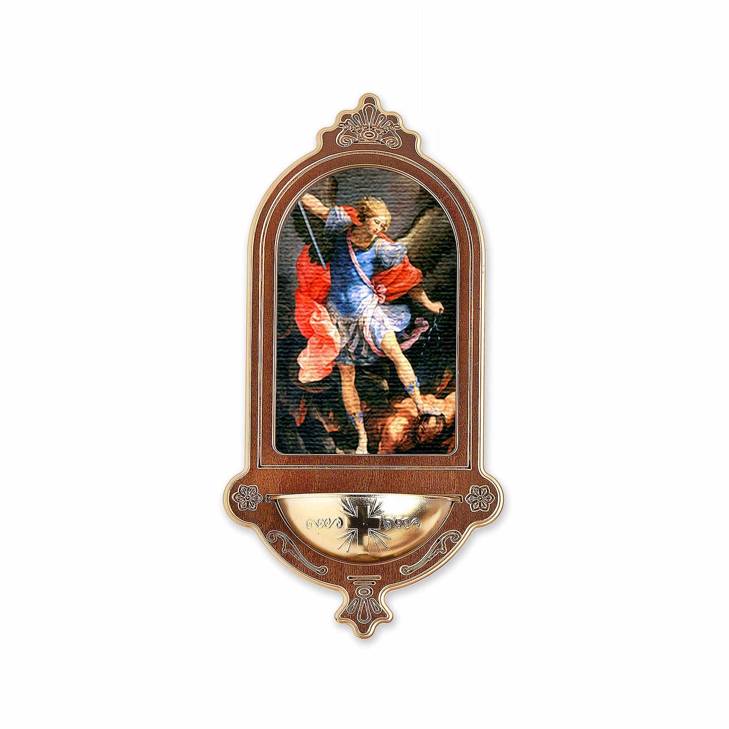 Birch Wood Wall Mounted Holy Water Font with Image of St. Michael the Archangel