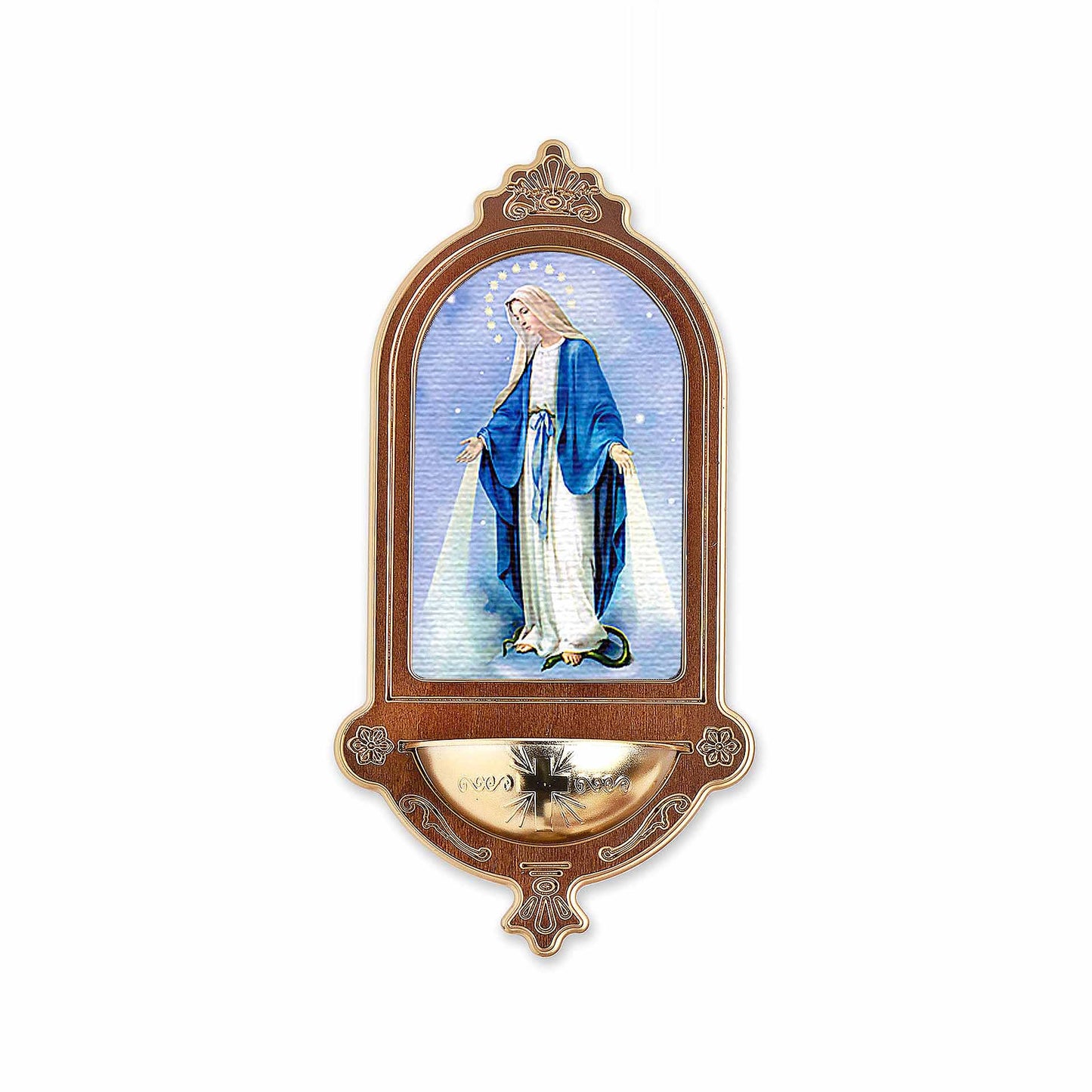 Birch Wood wall holy water font with image of the Virgin of the Miraculous Medal