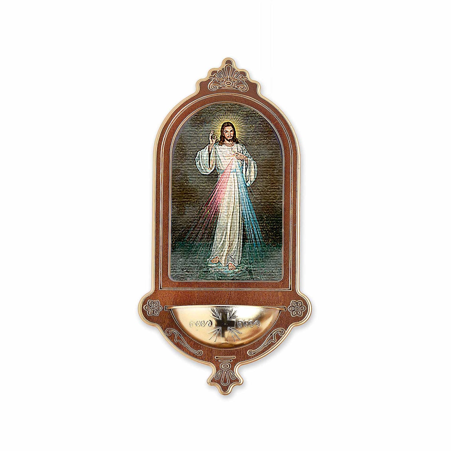 Birch Wood wall-mounted holy water font with image of the Divine Mercy