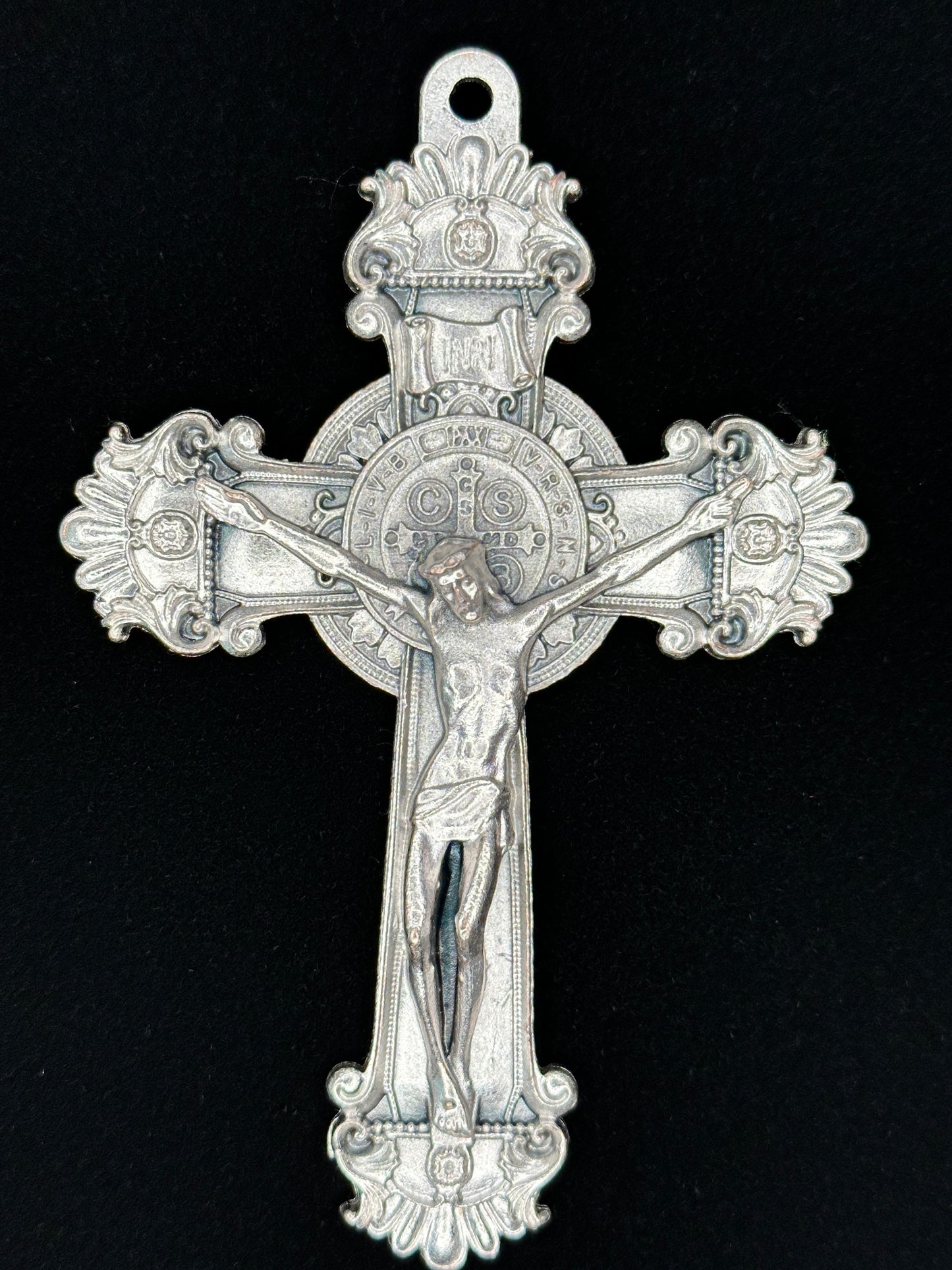 Silvery Metal Saint Benedict Crucifix with decorations 4.9 x 3 Inch