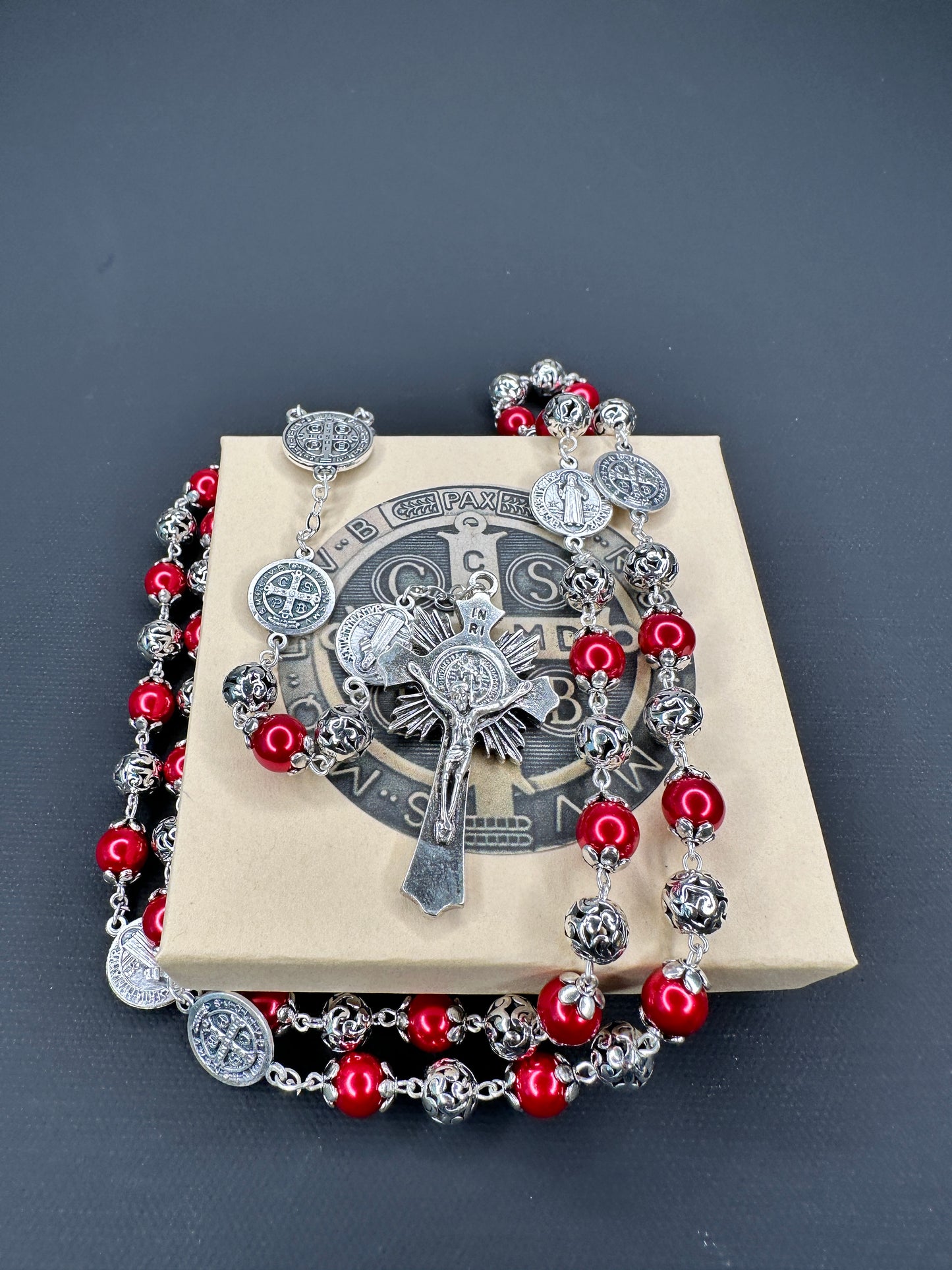 Saint Benedict Rosary Red Pearl Bead 8 mm