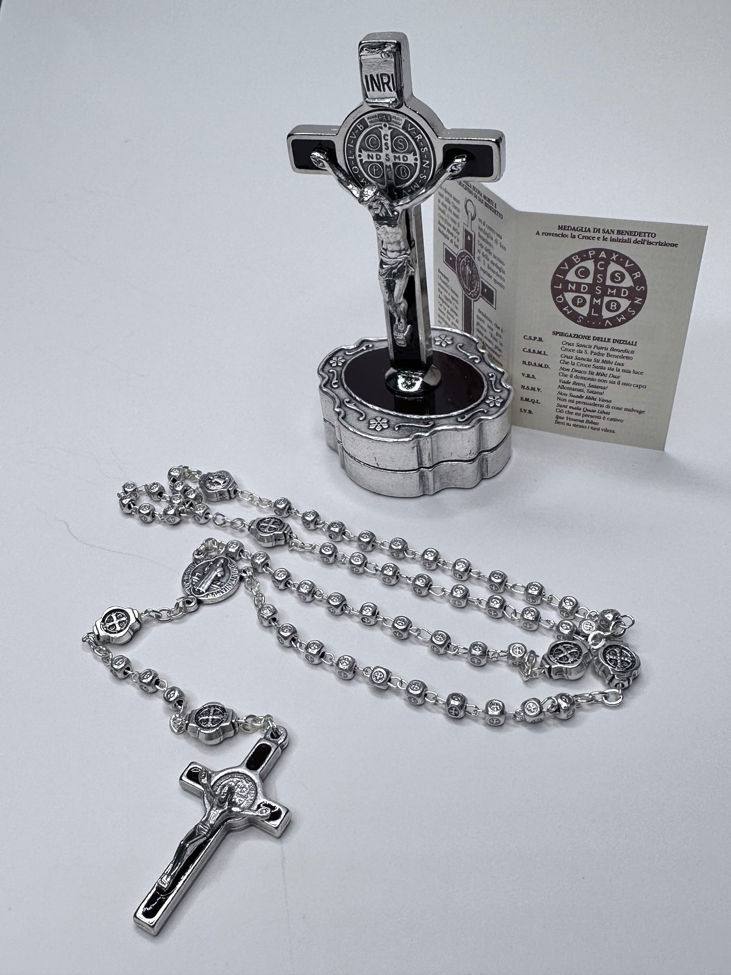 Silver Color Rosary Holder With Crucifix and Metal Rosary
