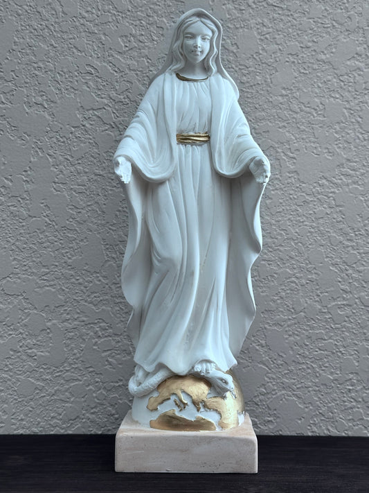 Estatua de la Virgen Milagrosa de resina de color blanco de 11,8 pulgadas