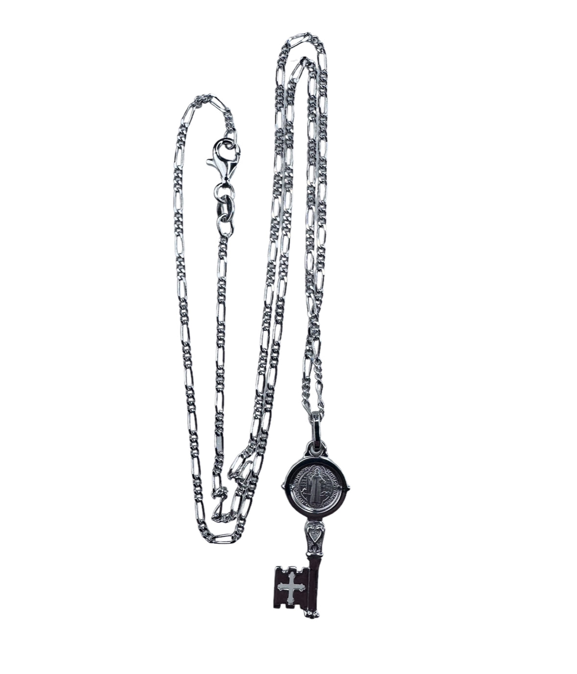 Chiave di San Benedetto in Argento Rodiato mm.23 925 Con Catena 19,5 Cm
