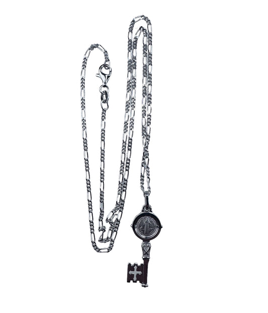 Chiave di San Benedetto in Argento Rodiato mm.23 925 Con Catena 19,5 Cm