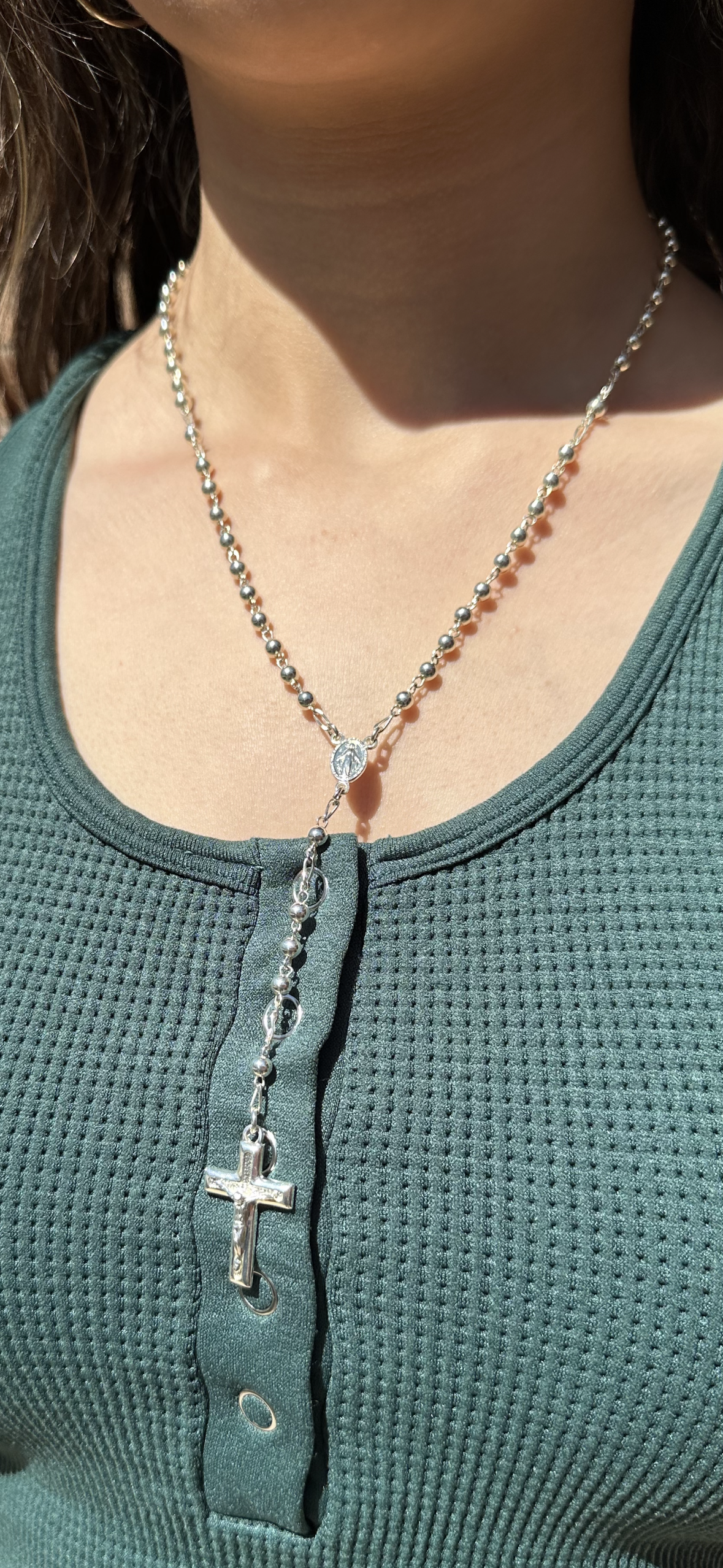 Rosario tondo in argento 925 + chiusura, misura 4 mm. Collana da 18 pollici