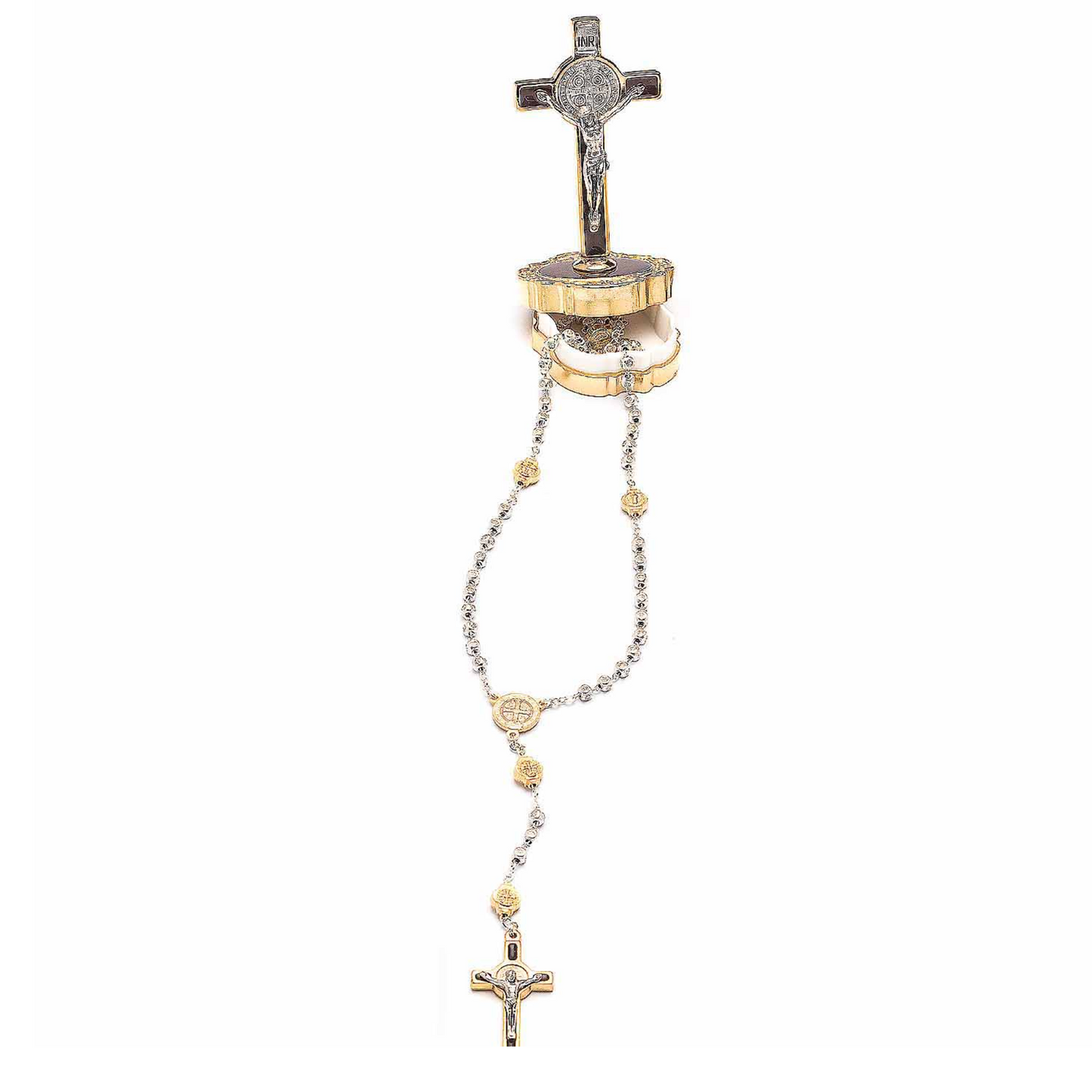 Golden Rosary Holder With Crucifix and Metal Rosary