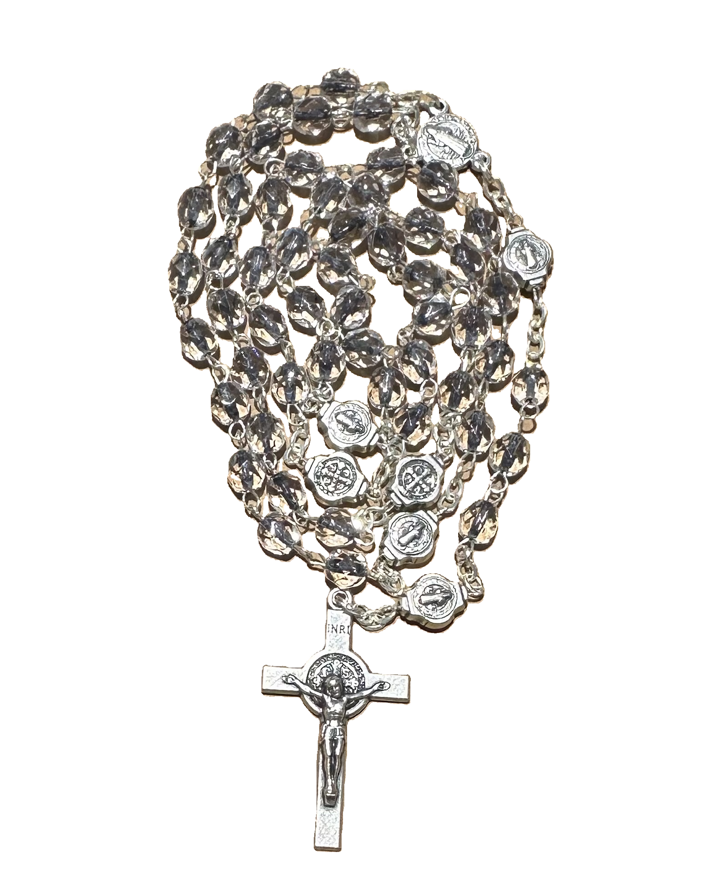 Porta rosario con medaglie di San Benedetto e grani di cristallo