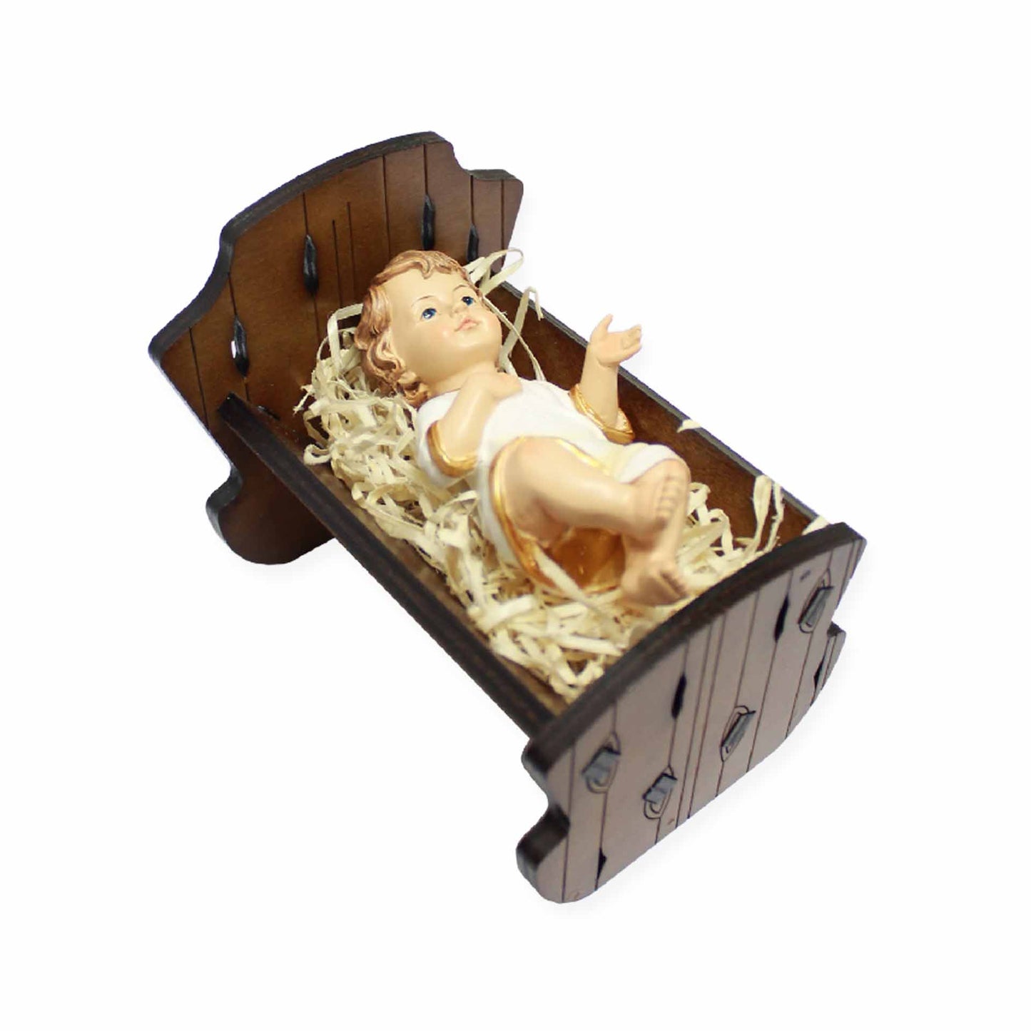 Walnut-Stained Cradle with Baby Jesus - 4.5 x 3 inches