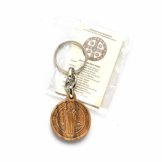 Keychain with Saint Benedict medal made of olive wood