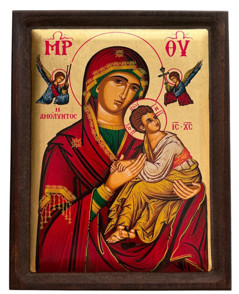 Icona greco-bizantina della Madonna del Perpetuo Soccorso con serigrafia e bordi in legno (9x7 pollici)