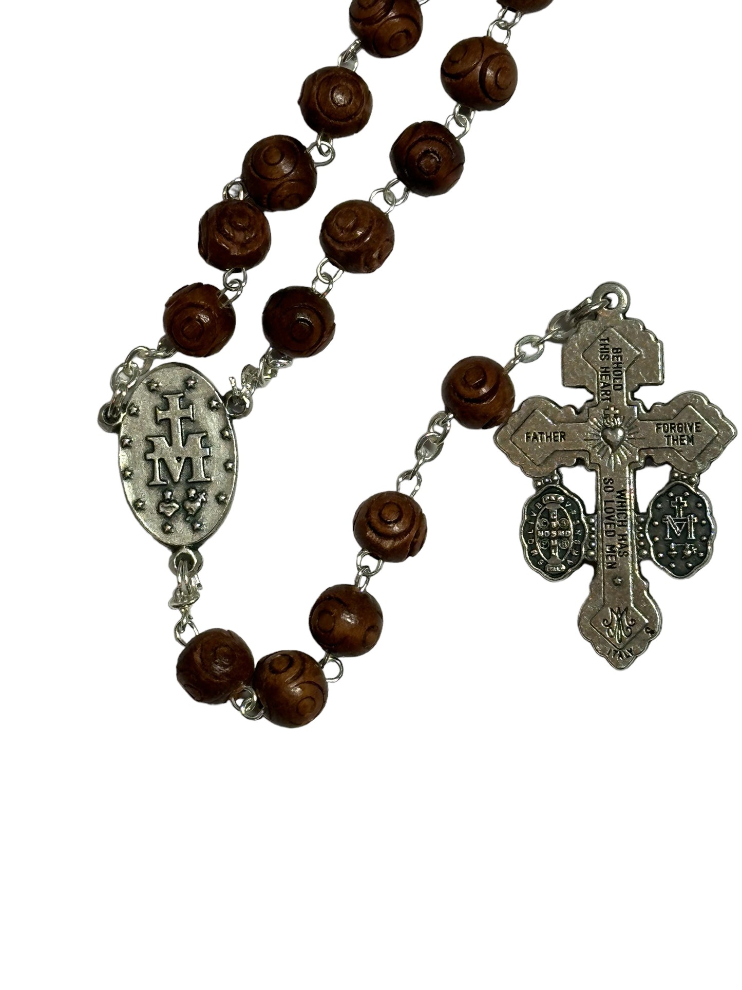 Rosario de Cuentas de Madera de Olivo con Crucifijo del Perdón y medalla milagrosa.