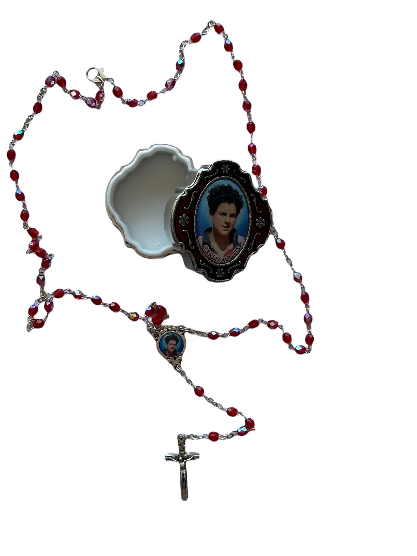 Porta Rosario y Collar Rosario Semi-Cristal mm4 con imagen de Carlo Acutis