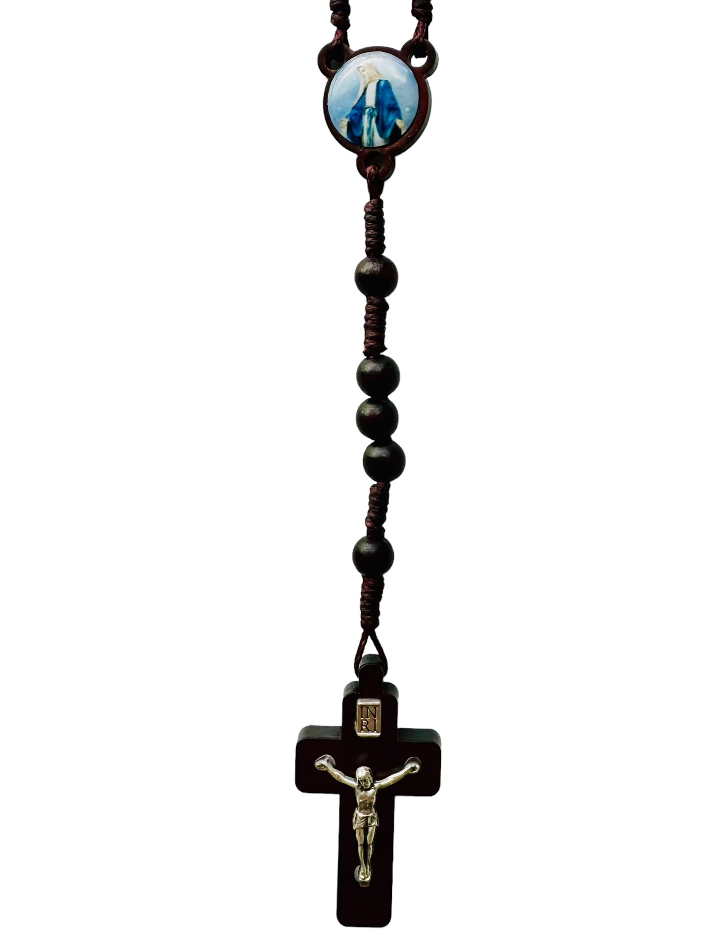 Rosario con medaglia miracolosa con grani di legno marrone
