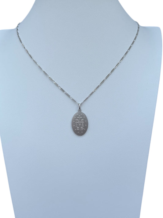 Medaglia Madonna Miracolosa in Argento rodiato 925 ovale mm.23 Con Catena in Argento 925 cm 23,5