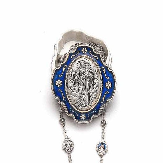Portarosario in metallo con immagine di Maria Ausiliatrice e rosario in metallo