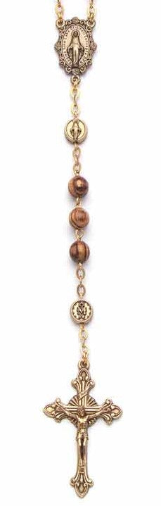 Rosario con grani in legno zebrano da 7 mm, medaglia miracolosa e crocifisso in bronzo