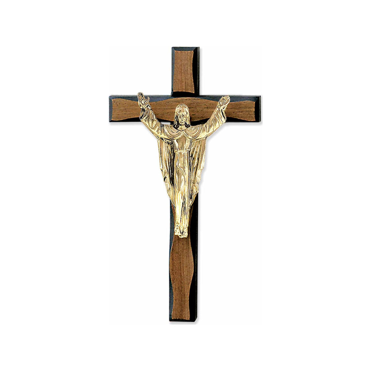 Olive wood wall crucifix with gold-tone corpus