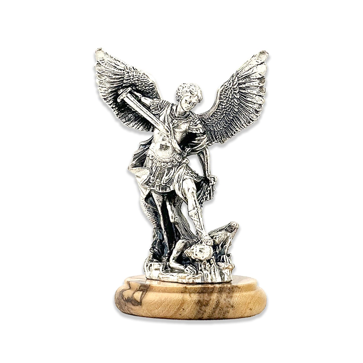 Small Metal Saint Michael the Archangel with Olive Wood Base – 3 Inches