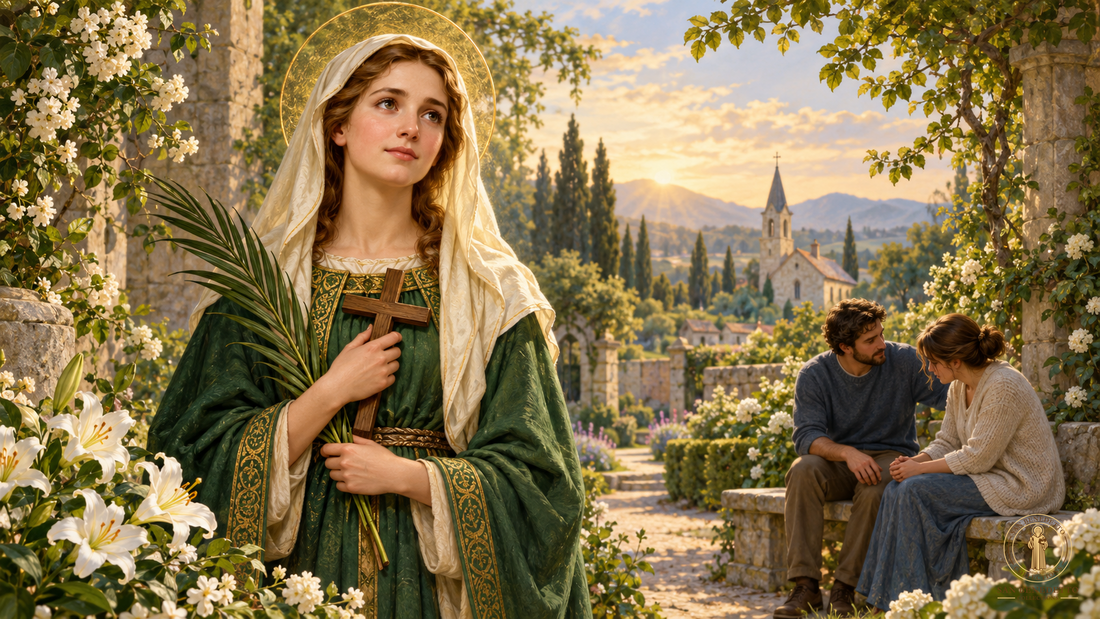 Devotional illustration of Saint Dymphna holding a cross and palm branch, with two people offering companionship in a peaceful garden.
