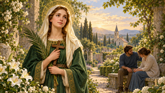 Devotional illustration of Saint Dymphna holding a cross and palm branch, with two people offering companionship in a peaceful garden.