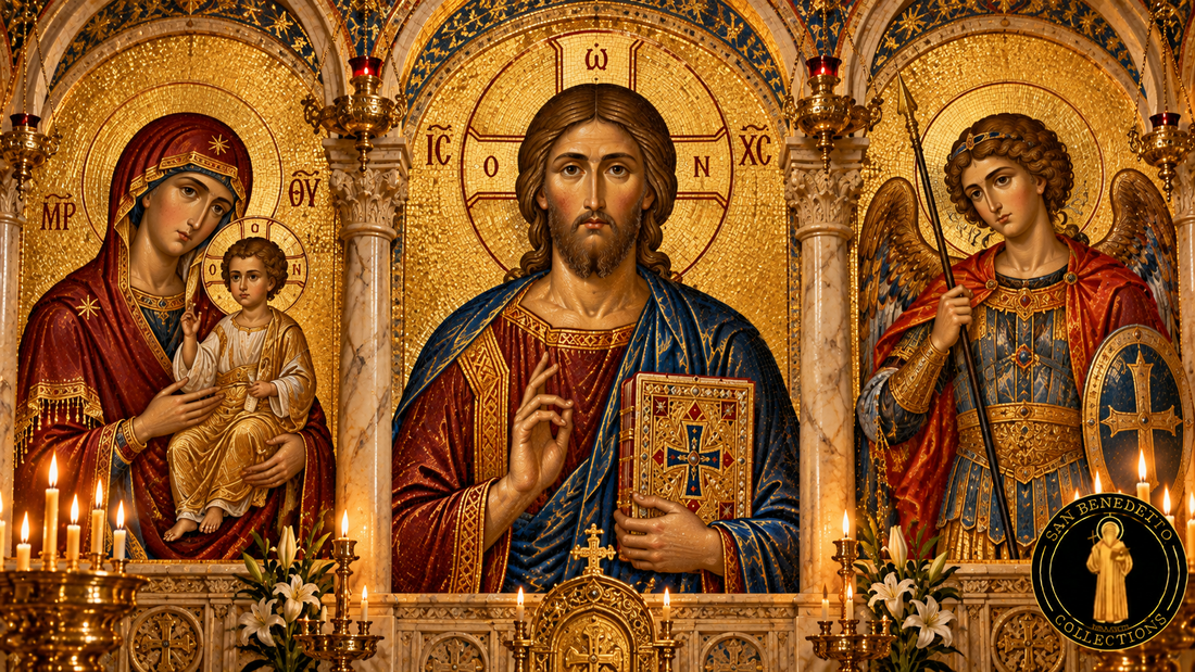 Byzantine-inspired icons of Jesus Christ Pantocrator, the Virgin Mary with Christ Child and Saint Michael under golden mosaic arches; San Benedetto Collections emblem