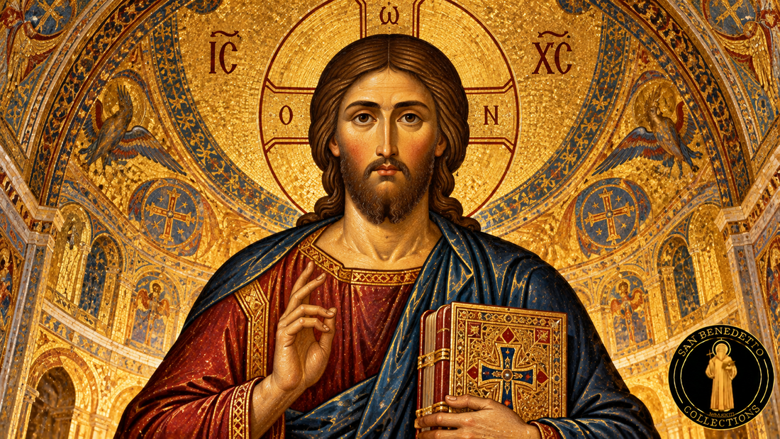 Byzantine-inspired icon of Christ Pantocrator blessing and holding the Gospel book, with golden mosaic, cruciform halo, Greek IC XC letters and the San Benedetto Collections emblem