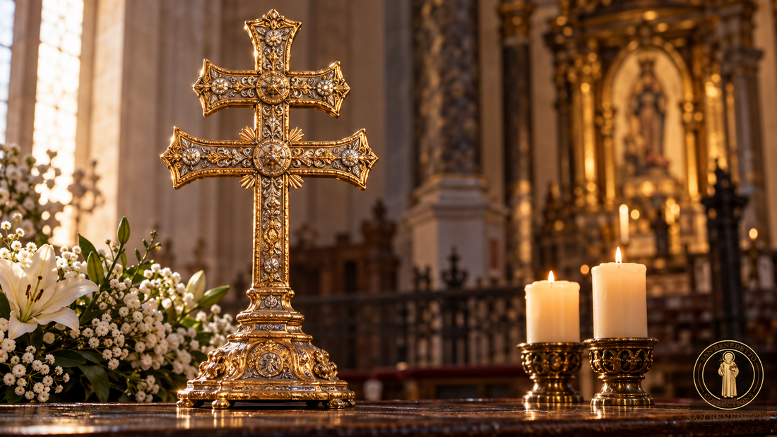 Cross of Caravaca with two horizontal bars on a church altar, white flowers and candles — San Benedetto Collections