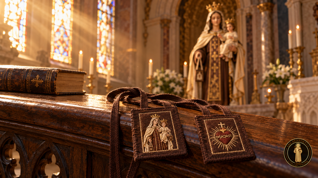 Brown cloth Scapular of Our Lady of Mount Carmel inside a Catholic chapel — San Benedetto Collections
