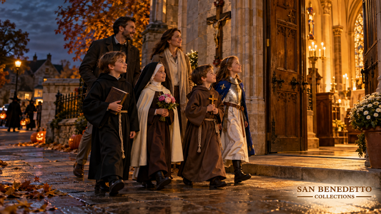 Children dressed as Catholic saints celebrate All Saints' Day outside an illuminated church, a Christian alternative to modern Halloween.