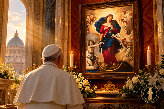 Artistic depiction of Pope Francis in prayer before Our Lady Undoer of Knots, with the San Benedetto Collections logo