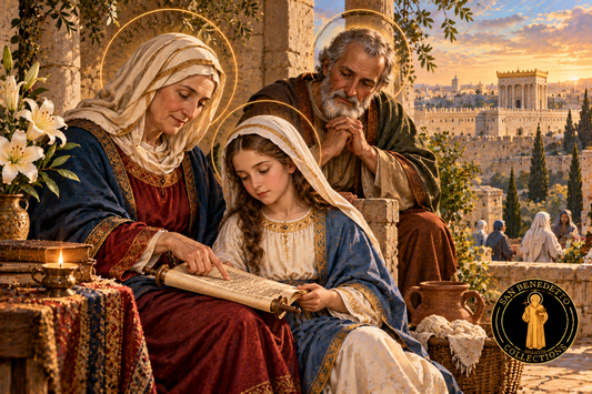 Artistic devotional illustration of Saint Anne teaching the young Virgin Mary, Saint Joachim beside them, white lilies and Jerusalem, with San Benedetto Collections logo