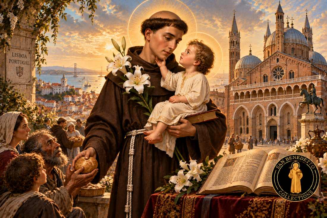 Saint Anthony with the Christ Child, lilies, Bible and San Benedetto Collections logo