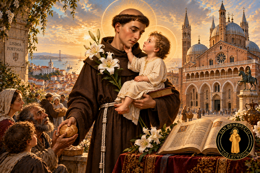Saint Anthony with the Christ Child, lilies, Bible and San Benedetto Collections logo