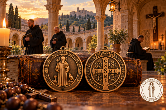 Illustrazione devozionale dei due lati della medaglia di san Benedetto e di monaci benedettini in un chiostro ispirato a Montecassino, con il logo di San Benedetto Collections.
