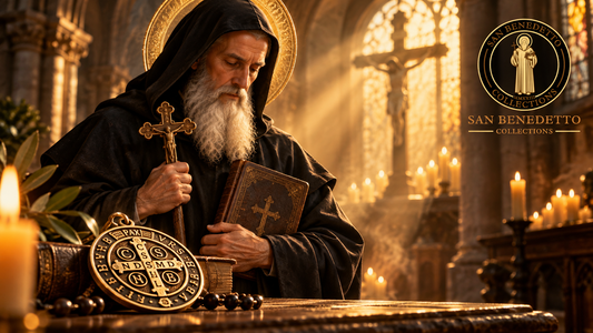 Saint Benedict praying with crucifix, the Rule and the Saint Benedict Medal in a golden-lit monastery, with San Benedetto Collections logo. Devotional illustration.