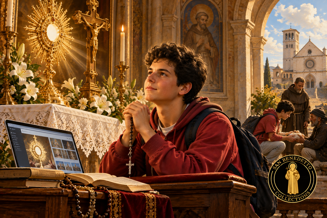 Devotional illustration of Saint Carlo Acutis praying before the Blessed Sacrament with a laptop, Assisi and the San Benedetto Collections logo