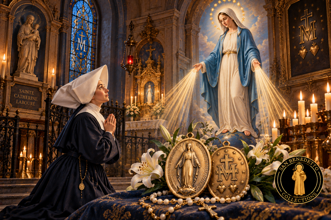 Devotional painting of Saint Catherine Labouré kneeling before Our Lady of the Miraculous Medal, with rays of light, medallions and the San Benedetto Collections logo