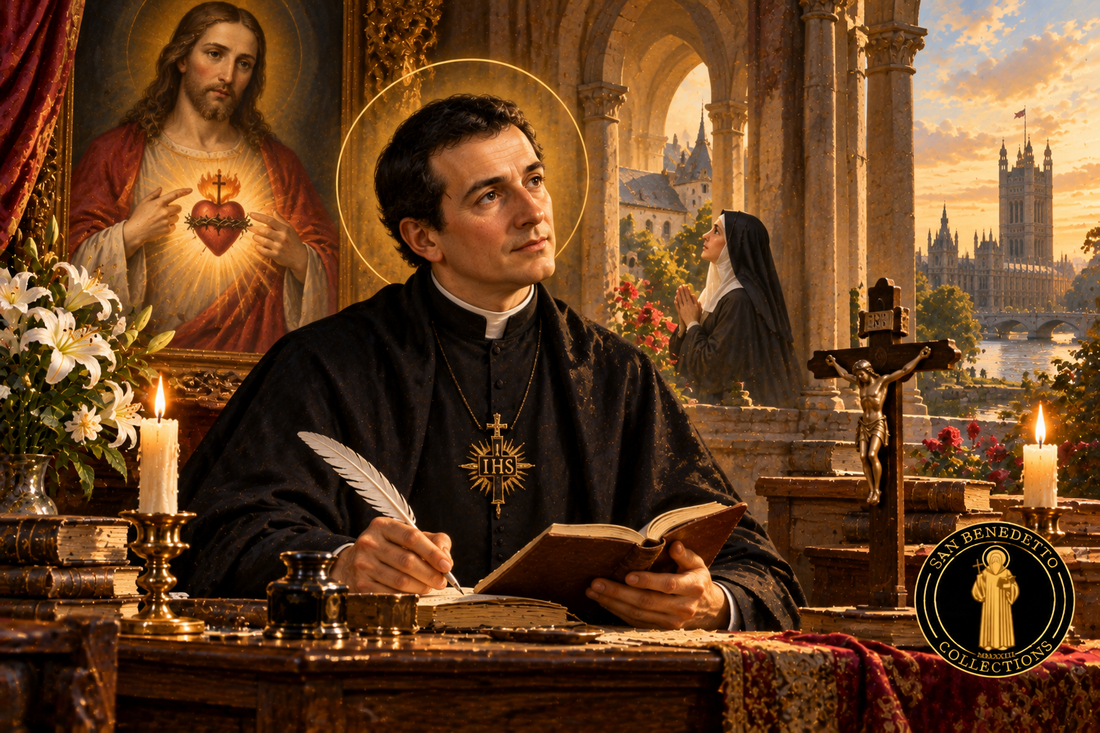 Devotional illustration of Saint Claude de La Colombière with the Sacred Heart of Jesus, Saint Margaret Mary Alacoque and San Benedetto Collections logo