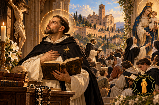 Solemn devotional painting of Saint Dominic de Guzmán praying before the Crucified Christ with a Bible, Dominican friars preaching and traditional Marian Rosary symbolism; San Benedetto Collections logo